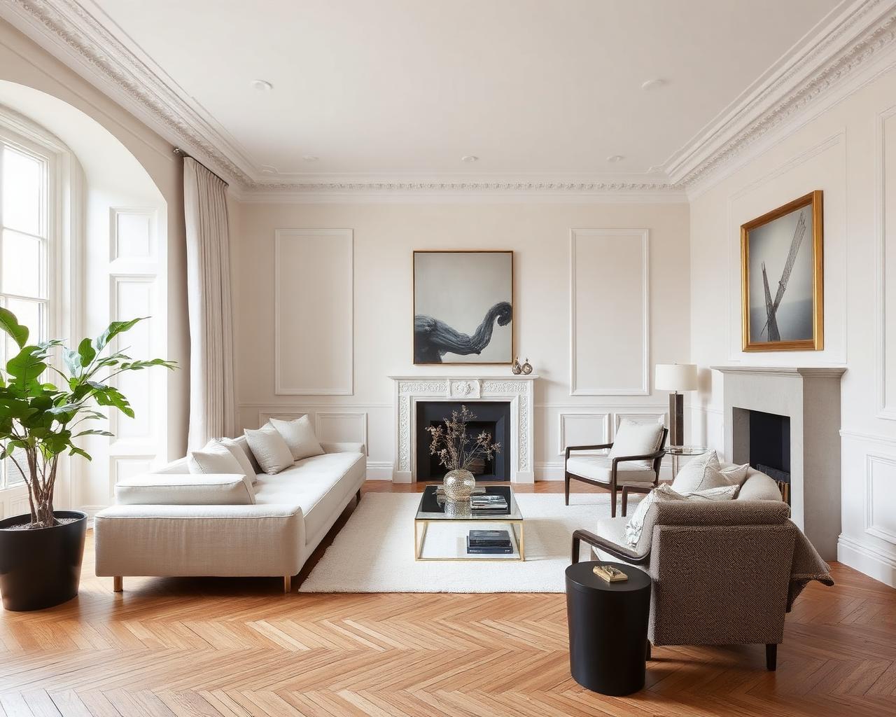 Prime London residential interior with herringbone floors